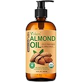 Yoken Organic Almond Oil 16 fl oz, USDA 100% Pure Cold Pressed Almond Oils in Glass Bottle, Natural Moisturizer for Face, Hair & Body, Ideal Carrier Oil for Skin Care, DIY Beauty & Soothing Massage
