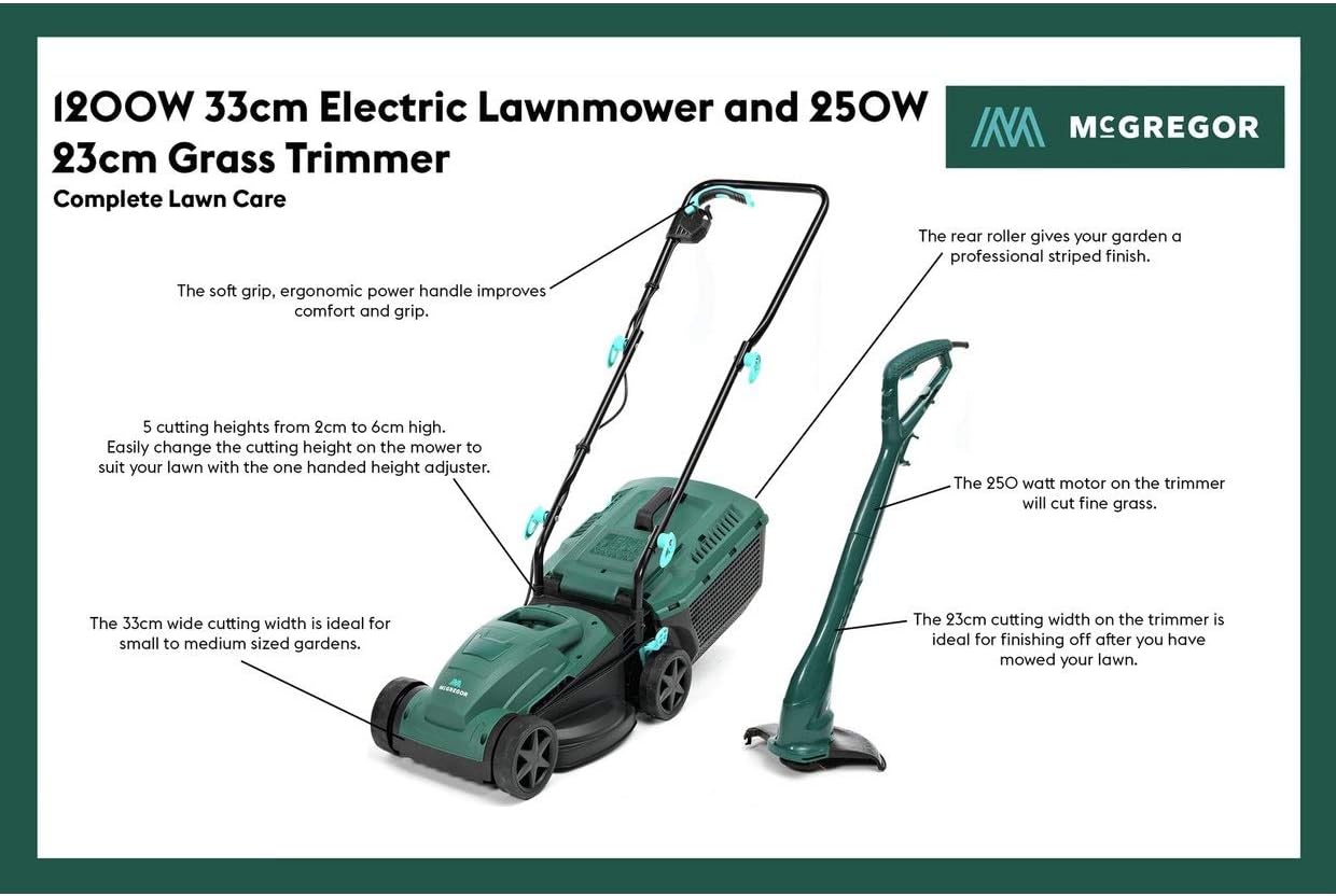 mcgregor 33cm corded rotary lawnmower 1200w and trimmer 250w