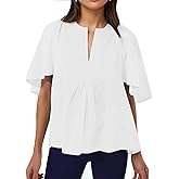 Kedera Womens White Blouse V Neck Flutter Sleeve Linen Shirts Casual Cute Summer Tops