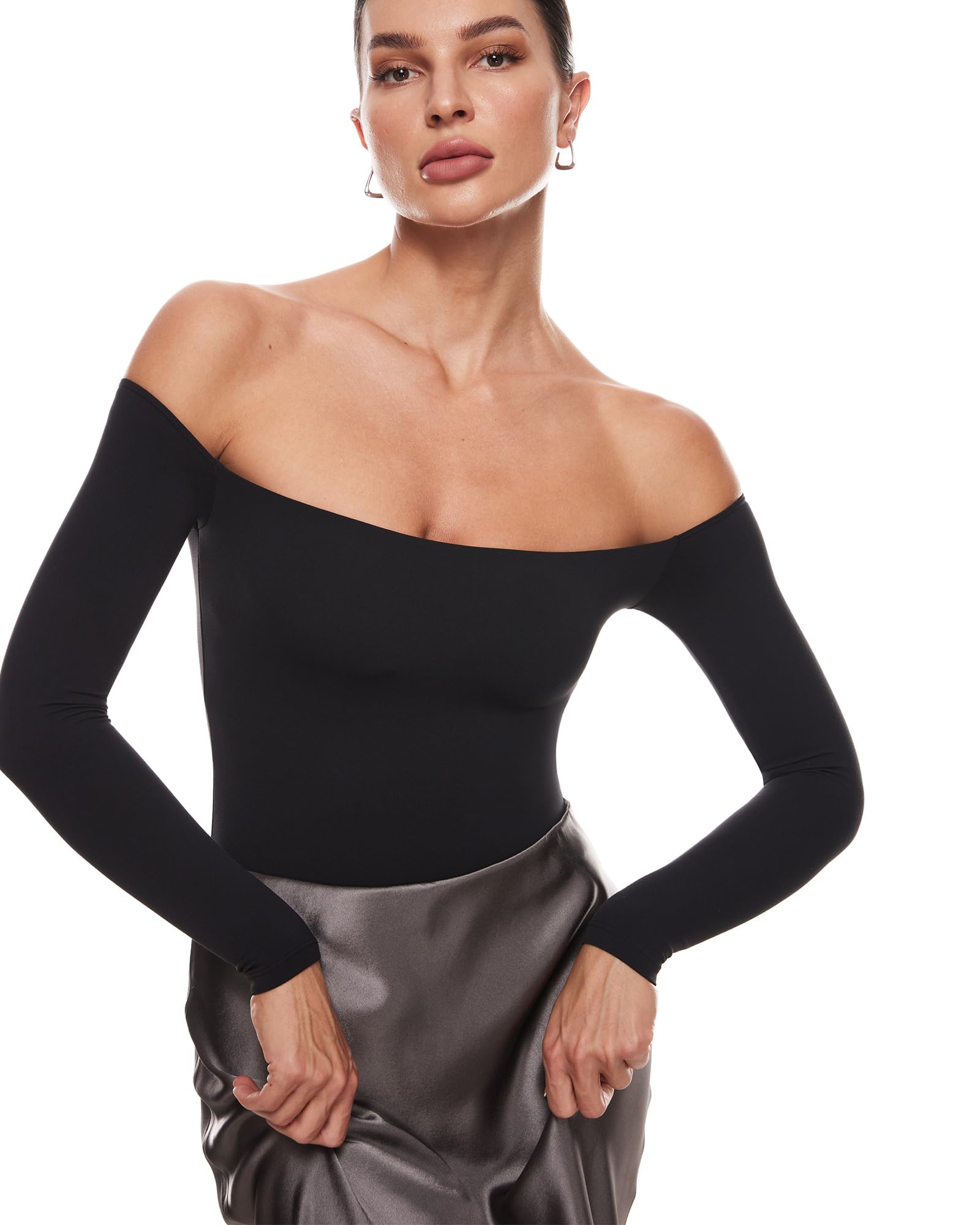 INLYRIC Women's Natrelax Off The Shoulder Bodysuit Long Sleeve Thong Sexy Bodycon Slim Fit Tops Leotard Black Small