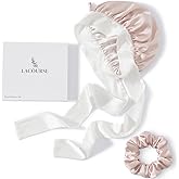 LaCourse Anti-Slip 100% Real Mulberry Silk Bonnet with Silk Scrunchy for Sleeping Women, Large Double-Layered Silk Hair Wrap for Curly Hair (Pink+Ivory)