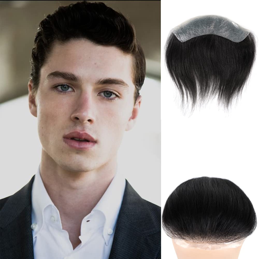 Lordhair V-Shape Frontal Hairpiece for Men, Natural Human Hair System with PU Thin Skin for Receding Hairline Coverage
