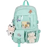 Stylifeo Kawaii Backpack with Cute Bear Plush Kawaii Pin Accessories Large Capacity Aesthetic School Bags Cute Bookbag for Girls Teen (Simple, Green)