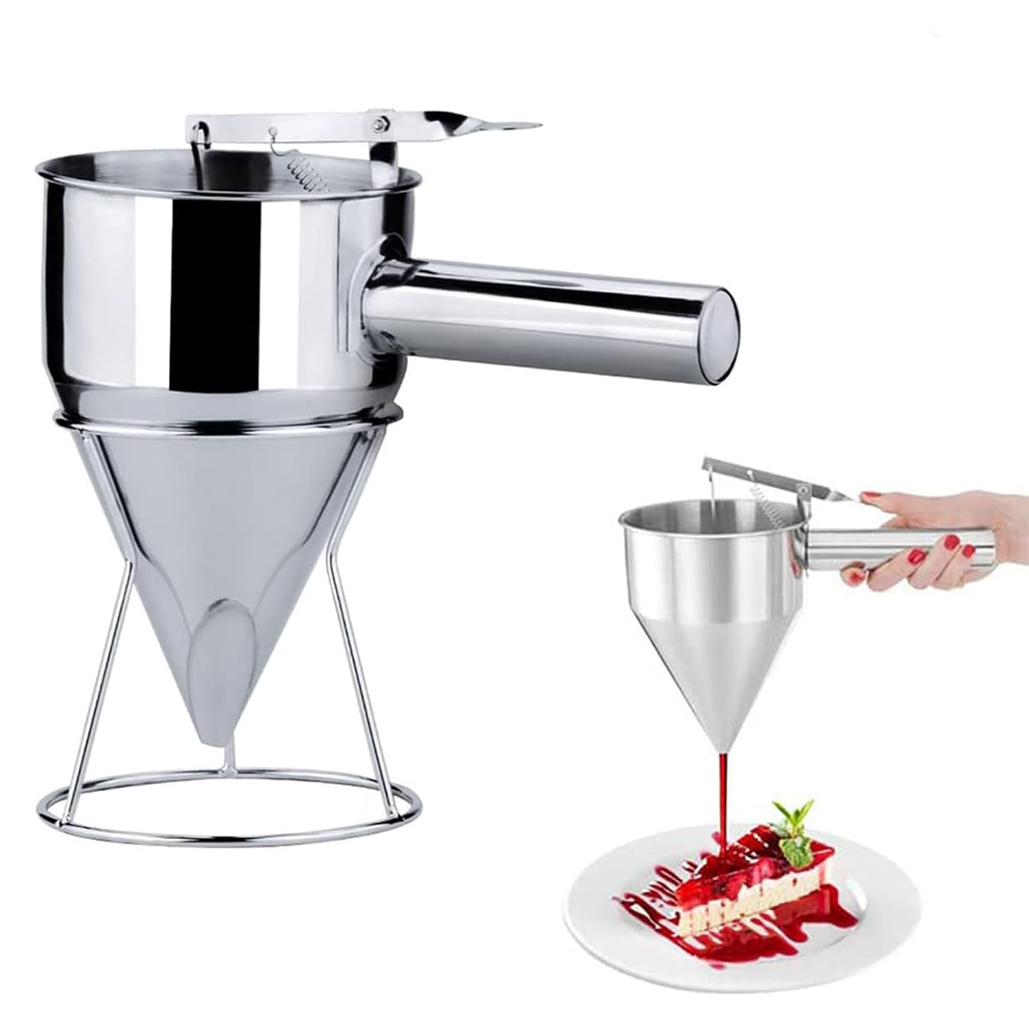 DEWIN Plunger Funnel, Stainless Steel Baking Funnel, Dessert Baking Tools for Cakes with Stand for Home Kitchen Bakery Use