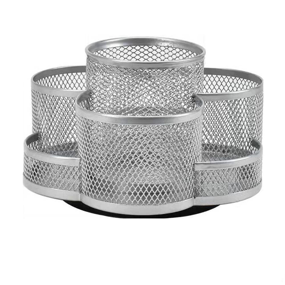 Kaizuca 360° Rotation Multi Functional Pen Holder, Mesh Desktop Caddy, Rotating Pencil Holder, High Capacity, with Non Skid Rubber Mat, 7 Compartments, for Office Storage, Dressing Table (Silver)