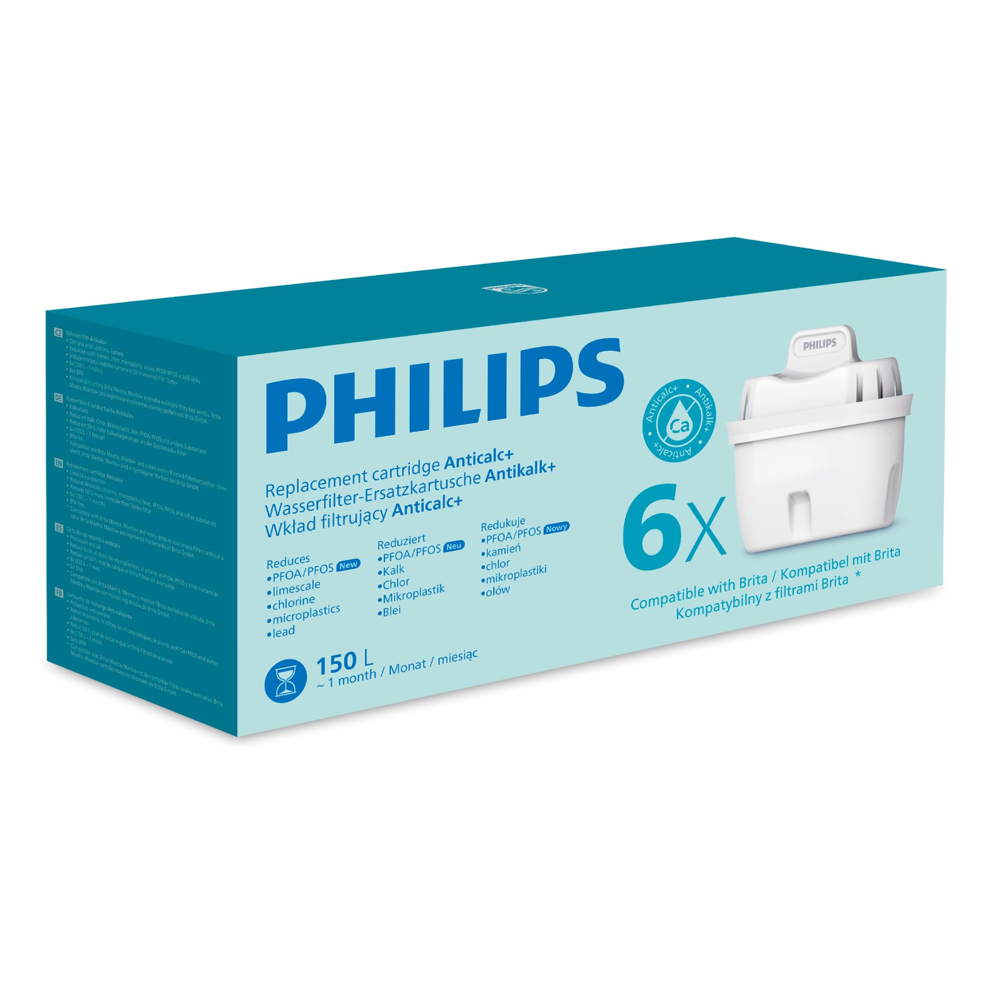 Philips Water Wasserfilter-Kartusche Antikalk+, 6er-Pack, BIS ZU 50 % WASSERHÄRTE REDUZIERUNG