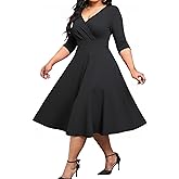 Womens Plus Size Dresses Faux Wrap Summer Dress 3/4 Sleeves V Neck 1950s Retro Vintage Wedding Party Midi Dress