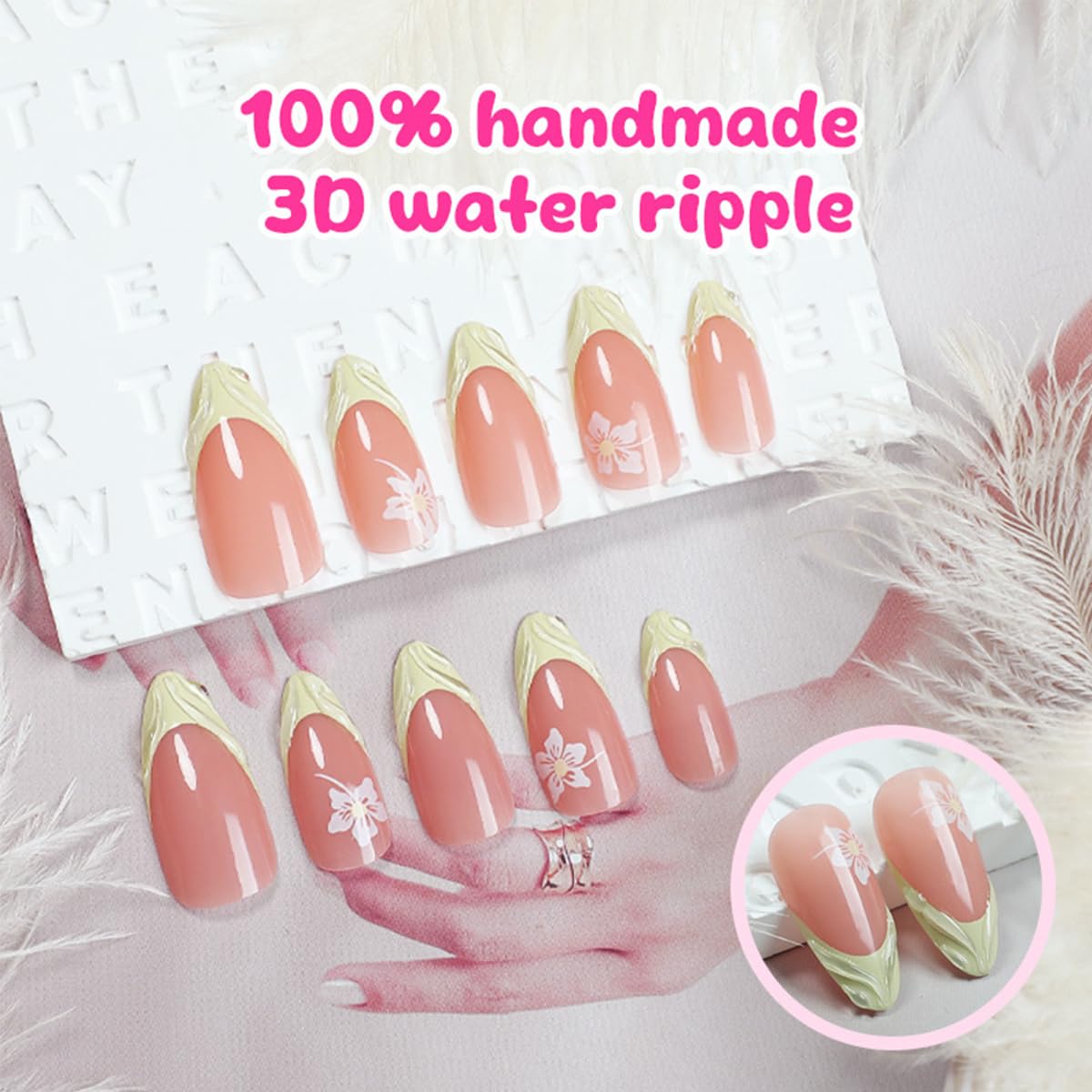 24Pcs Spring Press on Nails Almond Medium French Tip Fake Nails Cute Flowers Designs 3D Green Nail Tips Almond Shaped Acrylic Nails Full Cover Reusable Stick on Nails False Nails for Women Girls - Image 3