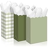 Kolldenn 24 Pcs Sage Green Gingham Party Supplies Gift Bags with Handles Scallop Kraft Paper Treat Candy Goodie Party Favor Bags for Baby Shower Birthday Wedding Decor(Sage Green)