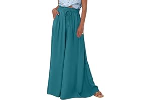 LPIGOH Wide Leg Women Pants Lightweiht Waist Adjustable Drawstring Summer Boho Flowy Palazzo Pants Beach Pants with Pockets