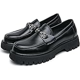 Men's Patent Leather Platform Penny Loafers Fashion Metal Decoration Non-Slip Lug Sole Business Dress Shoes Comfort Slip-on Round Toe Casual Work Shoes