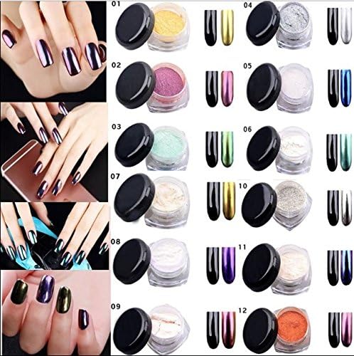 12 pack Chrome Mirror Nail Powder with Smooth Shimmer Shining Glitter Effect Pigment for Nail Art DIY manicure by Baby Beauty