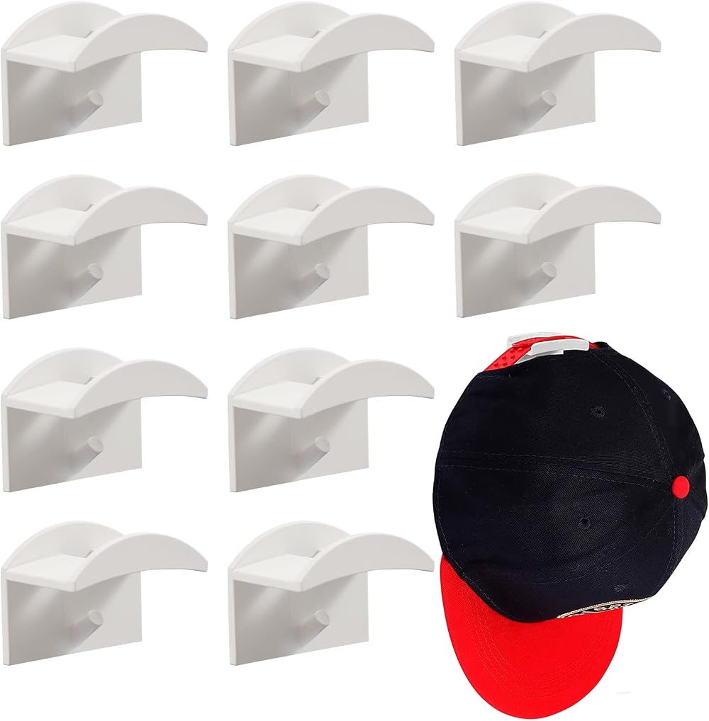 Vibbang Adhesive Hat Holder 10 Pack Wall Mount No Drilling White Hat Rack
