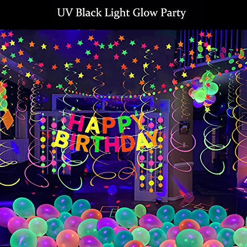 Neon Birthday Party Supplies 52 Pieces Glow Neon Party Decorations for Adults Kids,12 Inch Blacklight Party Balloons and Neon Paper Garland Banner,Cake Toppers,Table Cards,Silicone Wristbands