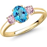Gem Stone King 10K Yellow Gold American Blue Mystic Topaz and Pink Lab Grown Diamond Engagement Ring For Women | 1.36 Cttw | Oval 7X5MM | Gemstone November Birthstone
