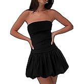 HYPERFIRE Women's Elegant Strapless Tube Bubble Mini Dress Bow Back Dresses Wedding Club Party