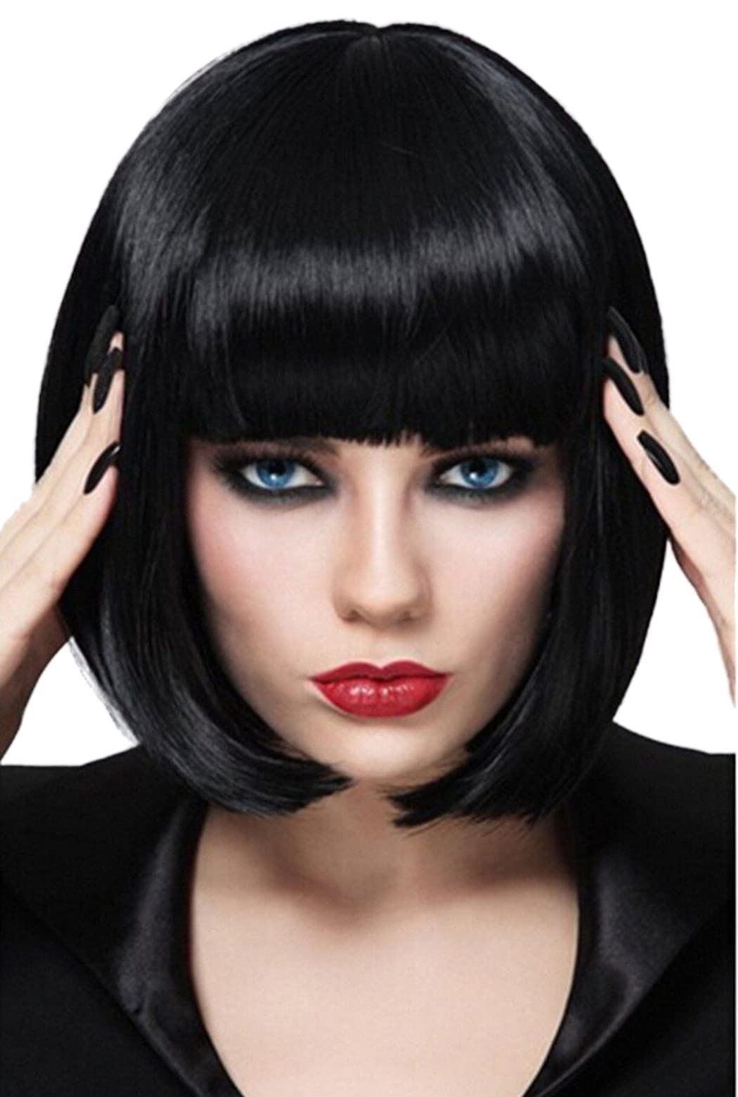 Photo 1 of Bopocoko Black Bob Wigs for Women, 12'' Short Black Hair Wig with Bangs, Natural Fashion Synthetic Wig, Cute Colored Wigs for Daily Party Halloween BU027BK