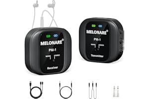 MELONARE PM-1 Wireless in-Ear Monitor System - UHF 500MHz, No Delay, HD Audio, Beltpack Transmitter & Receiver, 10 Channels, Mono/Stereo Selection, IEM for Live Performance, Studio, Bands