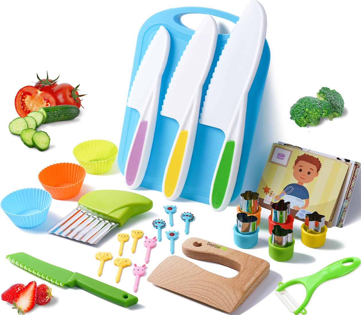 Kids Knife Set - Toddlers Safe Knife Set Kitchen Tools for Real Cooking - Montessori Wood Knives Sets with Y-Peeler Cutting Board Fruit Vegetable Crinkle Cutters Shapes