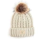 C.C Kids' Suede Patch Snuggly Soft Warm Knit Pom Cuff Beanie