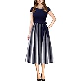 VFSHOW Womens Elegant Patchwork Pockets Belted Pleated Work Office Business Casual Party A-Line Midi Dress