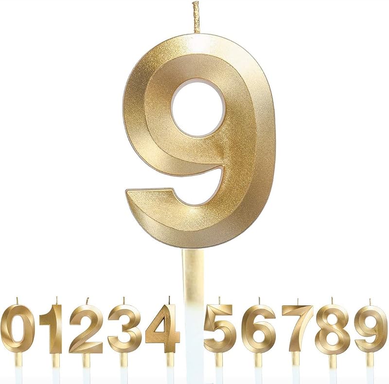 Polly Online Birthday Number Candles 3D Gold Glitter 0-9 Set for Cake