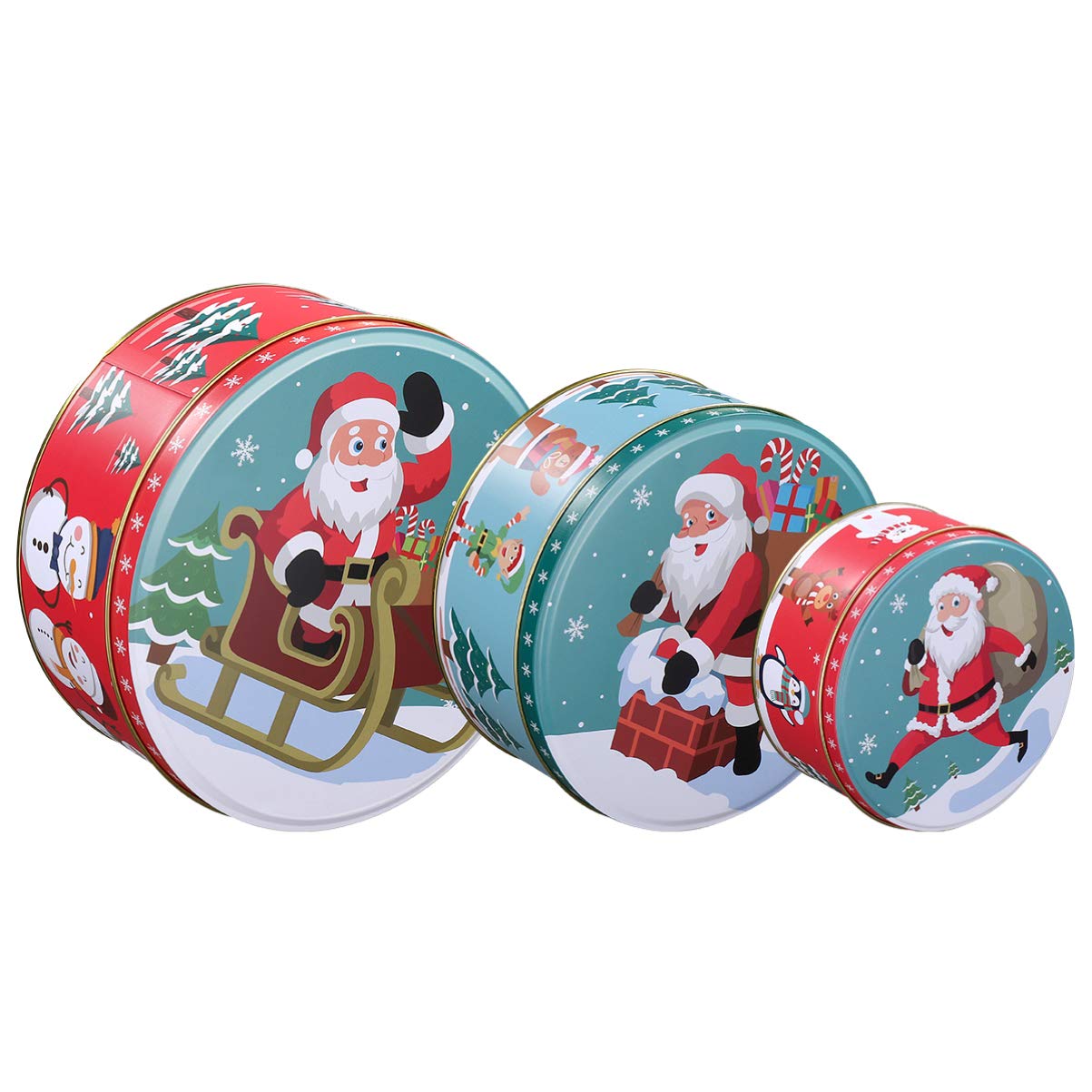 Hemoton Christmas Storage Tins, Set of 3 Triple Festive Round Nesting Tins, Tinplate Cake Biscuit Cookie Muffin Treat Storage Set with Lids for Storing Candies Biscuits
