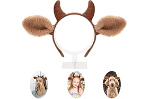 Beviliu Brown Cow Ears Headband - Realistic Horns and Furry Fluffy Costume Accessory for Animal Party, Halloween
