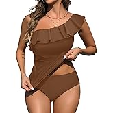 Yonique Women's Two Piece Swimsuits One Shoulder Tankini Tummy Control Bathing Suits Ruffle Swimwear