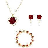 QLUYCKW 3 Pcs Red Rose Jewelry Set for Women Trendy Dainty Rose Flower Pendant Necklace Vintage Red Flower Bracelet Dangle Earrings Wedding Valentine's Day Jewelry