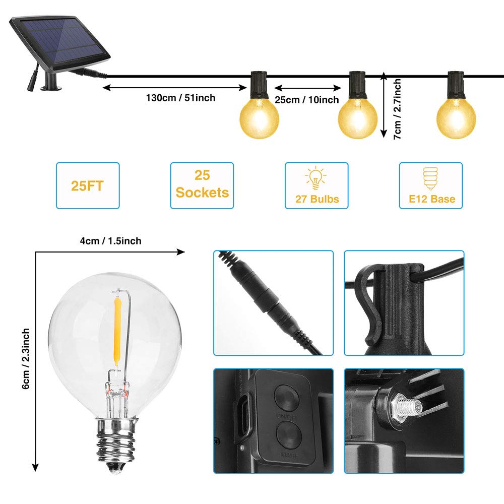 Onumii Solar Outdoor String LED Lights 7.5M 4400mAh, 2200K Amber Light, 25 Sockets 27 G40 LED Bulbs, Romantic Outdoor Decorative String Lights For Yard, Patio, Deck, Pergola, Umbrella Lights