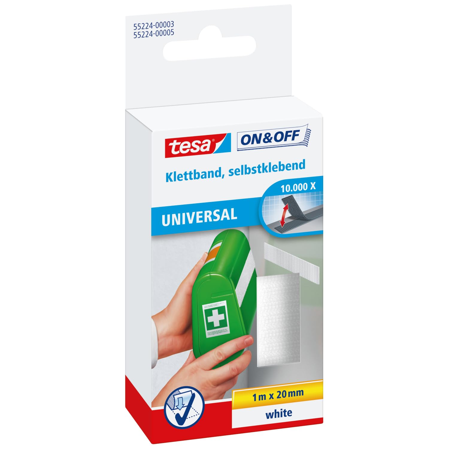 tesa On & Off General Purpose Stick on Tape - Self-Adhesive Hook & Loop Tape for Quick Fastening of Light Objects - White, 2 cm x 100 cm