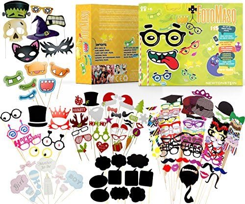 FotoMasq - 145pcs DIY Kit of photo booth props + glue and stick for selfies, themes for Mr and Mrs, Baby Showers, Masquerades, Weddings, Christmas, Birthdays, Anniversaries, Valentines, Halloween etc.