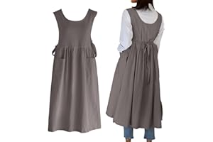 losofar Women Plus Size Cotton Linen Vintage Pleated Split Apron Pinafore Dress with Two Pockets