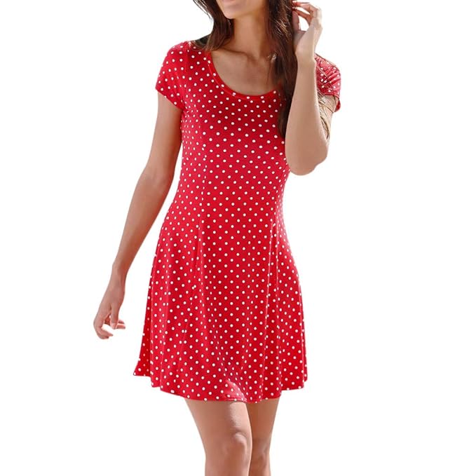 Yuwegr Frauen Kleid Casual Boho Kurzarm Dot Print Strandkleid Minikleid Sommerkleid 3 Farbe S-2XL