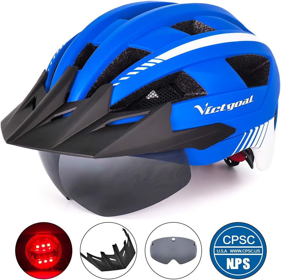 VICTGOAL Bike Helmet for Men Women with Led Light Detachable Magnetic Goggles Removable Sun Visor Mountain & Road Bicycle Helmets Adjustable Size Adult Cycling Helmets