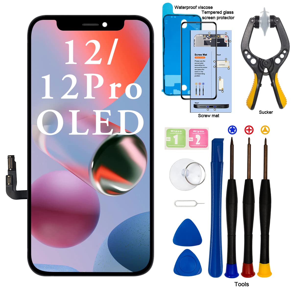 Photo 1 of EFAITHFIX for iPhone 12/12 PRO OLED Screen Replacement 6.1 Inch [NOT LCD] Screen with Clamp Suction Cup 3D Touch Display Digitizer Screen Assembly with Repair Tools Tempered Glass Waterproof Adhesive