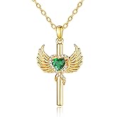 Lmoneta 14K Gold Guardian Angel Wings Cross Necklace for Women,Heart Cross Birthstone Pendant,Religious Jewelry Christmas Birthday Gifts for Her