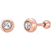 Faire de la Mode Round CZ Diamond Stud Earrings, 14k Gold Dipped Stainless Steel Screw Back Faux Diamond Earrings for Women, 4.15mm