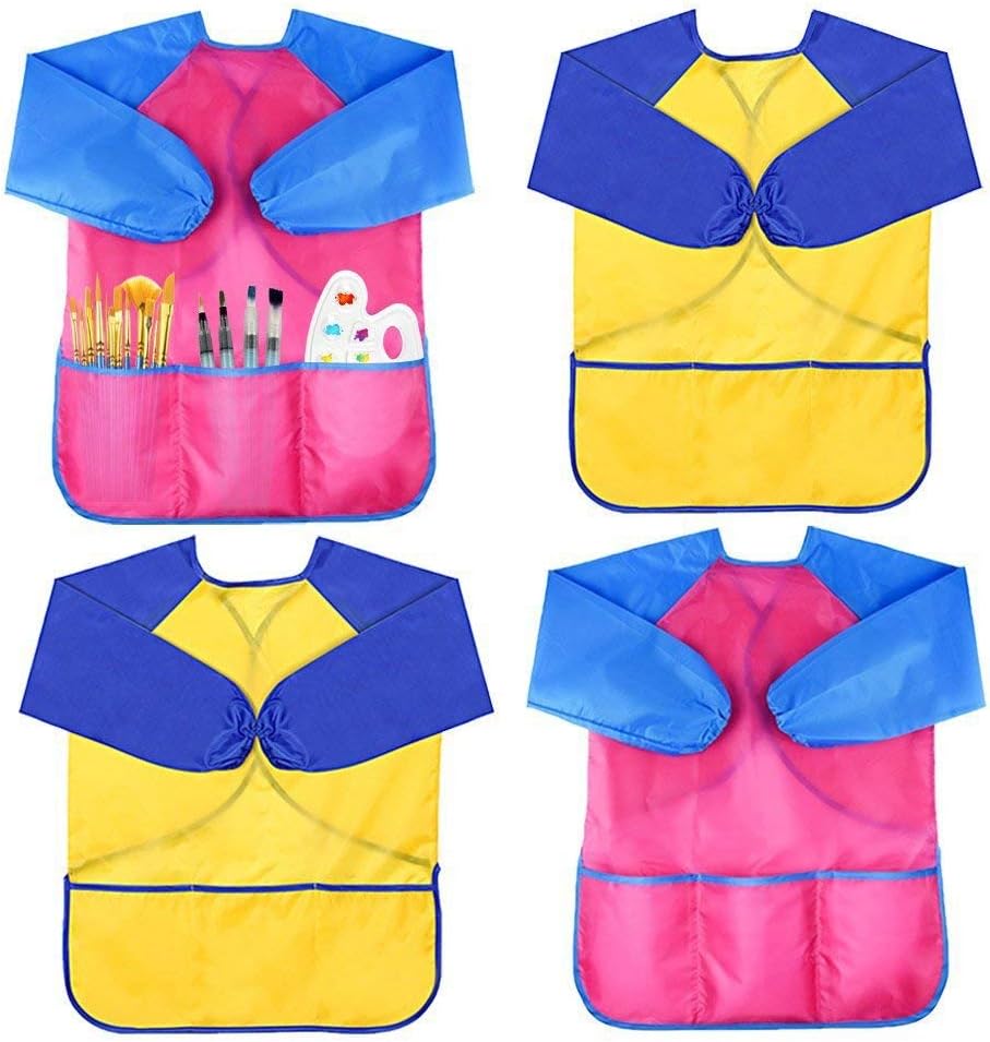 WXBOOM 4Pcs Kids Waterproof Art Smock Children's Art Aprons Long Sleeve with 3 Pockets