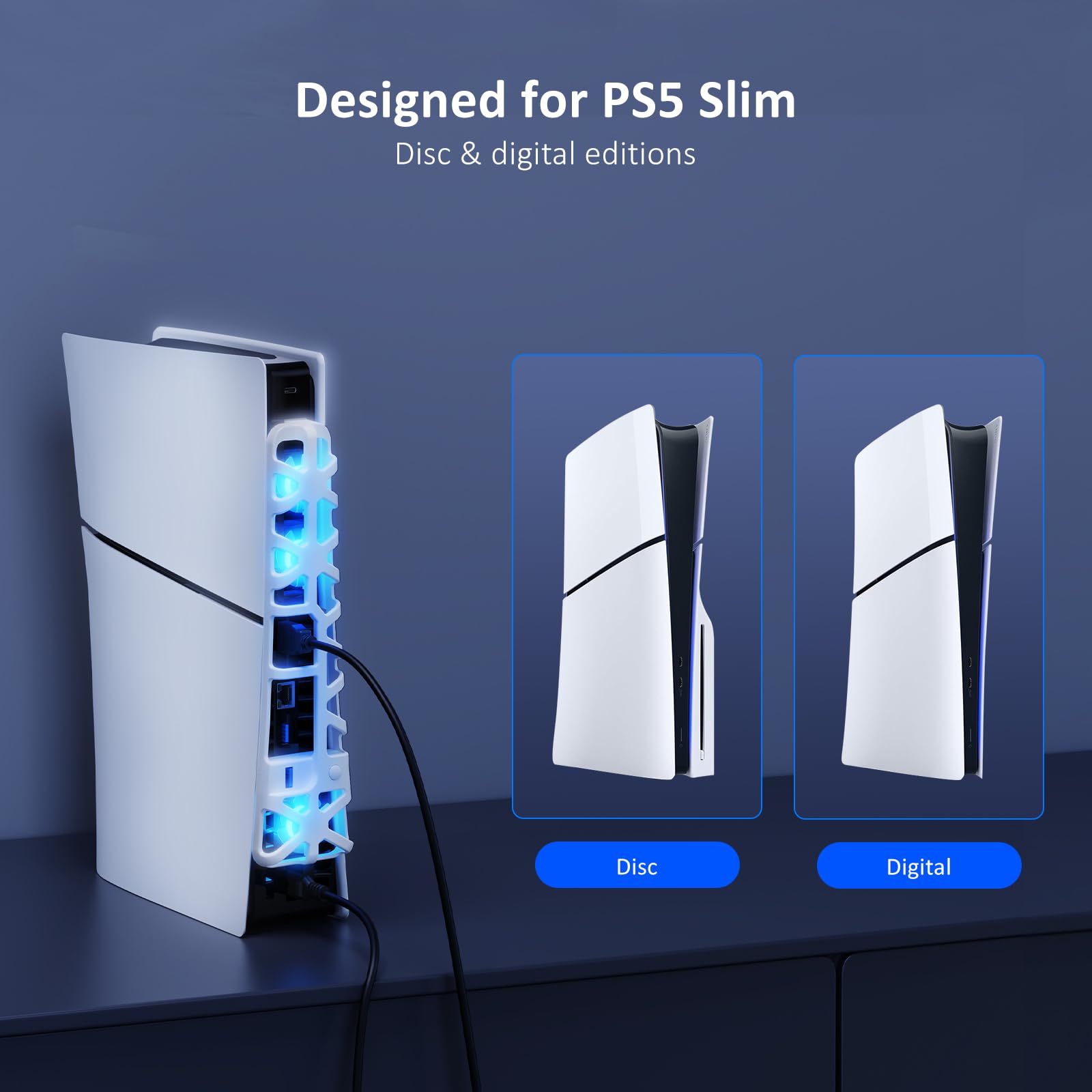 NexiGo PS5 Slim Silent Enhanced Cooling Fan with Adjustable Speed, Auto Power On/Off, with USB 3.0 Port, Efficient Cooling System for Both PS5 Slim Disc and Digital Editions (White)