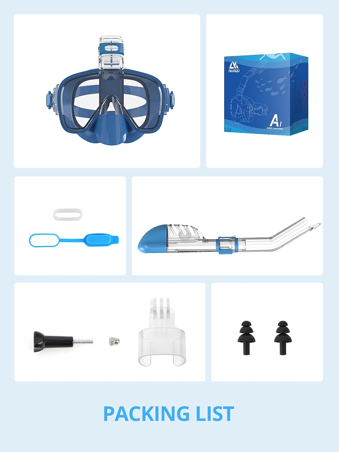 AKASO A1 Snorkel Mask Broad View Scuba Mask Anti-Fog Anti-Leak with Camera Mount Diving Mask Snorkeling Mask, Snorkeling Gear for Adults (Light Blue) : Sports & Outdoors