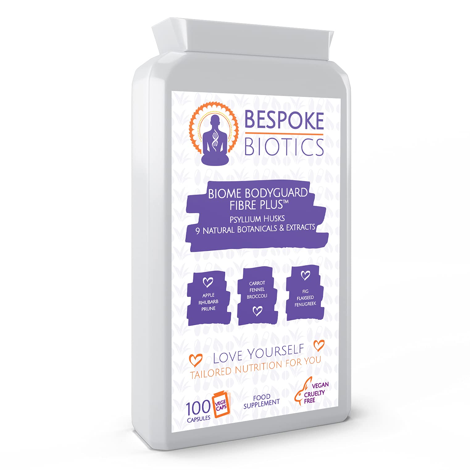 Psyllium Fibre & Rhubarb +Botanicals 100 Caps | Soluble and Insoluble Fibre Blend | UK | Brain Gut & Immune Health |GMP Standards BIOME Bodyguard Fibre+