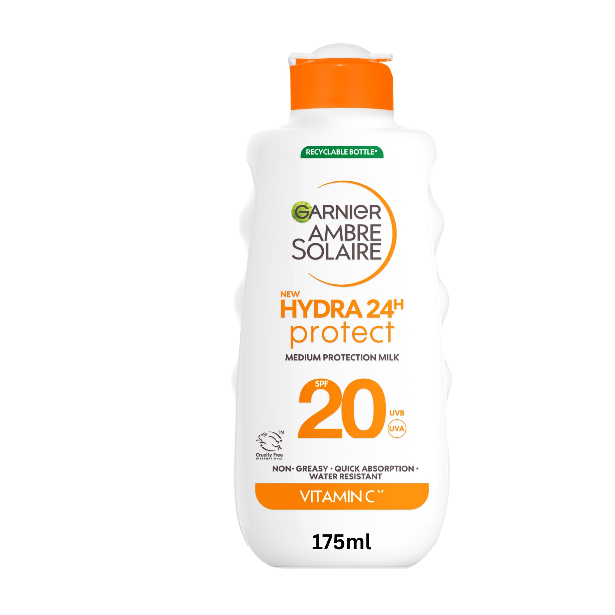Garnier Ambre Solaire Sun Cream SPF 20 Hydra 24 Hour Protect High Protection UVB & UVA Hydrating Sun Lotion with Vitamin C, Water Resistant, Non-Greasy, Fast Absorbing 175ml