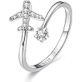 CZ Airplane Open Statement Rings S925 Sterling Silver for Women Crystal Diamond Travel Souvenir Adjustable Wrap Cuff Eternity Promise Engagement Ring Finger Band Dainty Jewelry Gifts