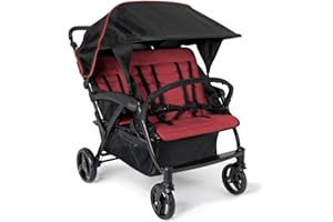 Gaggle by Foundations Odyssey 4 Seat Quad Stroller | 4-Seat Stroller for Daycare | Oversized Canopy and Bench Seats | 5-Point Harness | Foot Brake | All Terrain Tubeless Wheels | Red/Blk