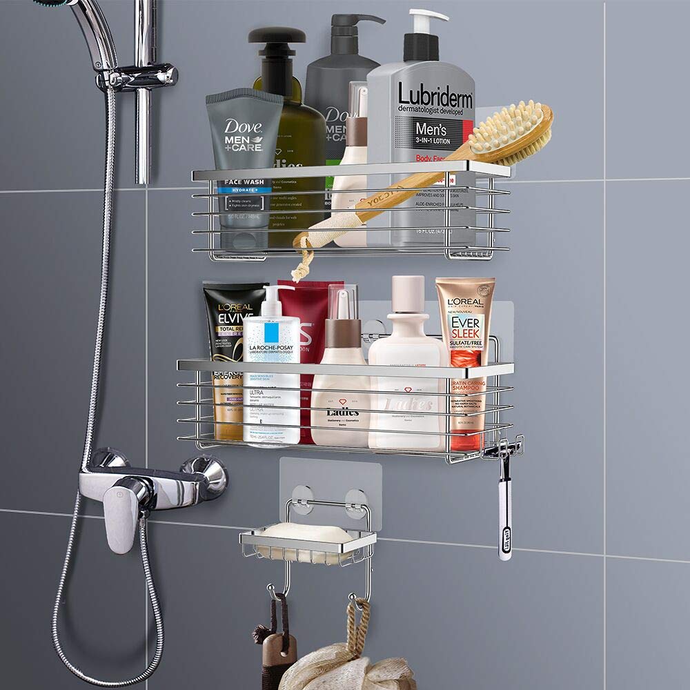 ODesign Shower Caddy Basket with Hooks Soap Dish Holder Shelf for Shampoo Conditioner Bathroom Kitchen Storage Organizer SUS304 Stainless Steel Adhesive No Drilling - 3 Pack