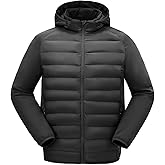 Rdruko Men's Insulated Running Jacket Hybrid Lightweight Puffer Jacket Detachable Hood Warm Winter Coat Hiking Golf