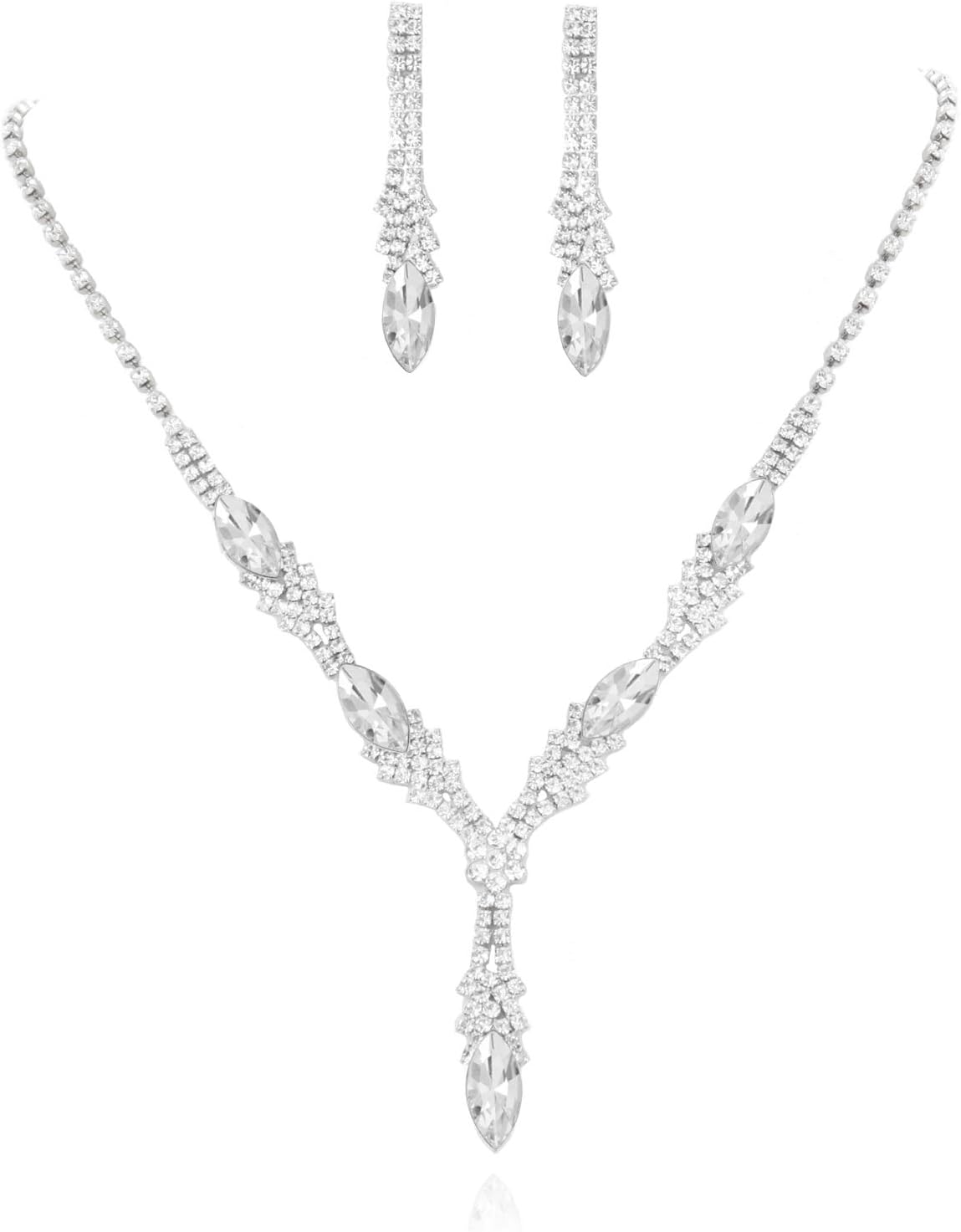 SP Sophia Collection Fancy Fashion Statement Women's Marquise Y Drop Necklace and Stud Post Dangle Earrings Set