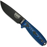 ESEE-4 Fixed Blade Knife with Sheath, 1095 Carbon Steel, Outdoor Knife with 3D Contoured Handle, Made in USA, (Black Blade, Blue/Black G10 3D Handle)